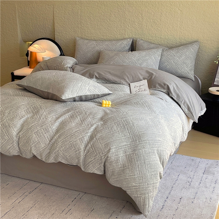 91家纺网 家纺一手货源 找家纺 琪格格纺织 2025新款全棉纯棉轻奢肌理感简约大提花加厚磨毛四件套 简雅-浅灰