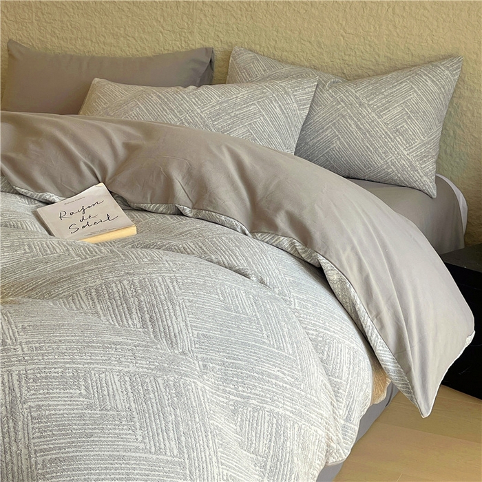 91家纺网 家纺一手货源 找家纺 琪格格纺织 2025新款全棉纯棉轻奢肌理感简约大提花加厚磨毛四件套 简雅-浅灰