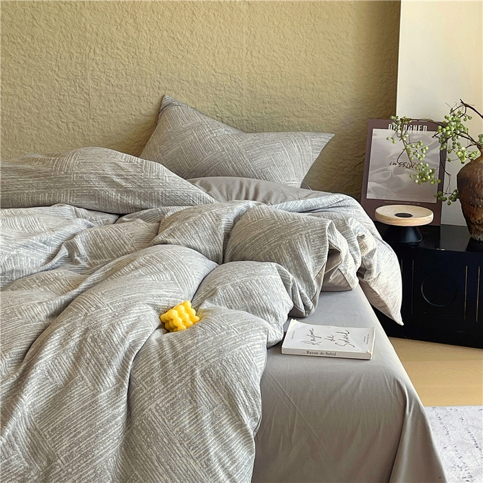 91家纺网 家纺一手货源 找家纺 琪格格纺织 2025新款全棉纯棉轻奢肌理感简约大提花加厚磨毛四件套 简雅-浅灰