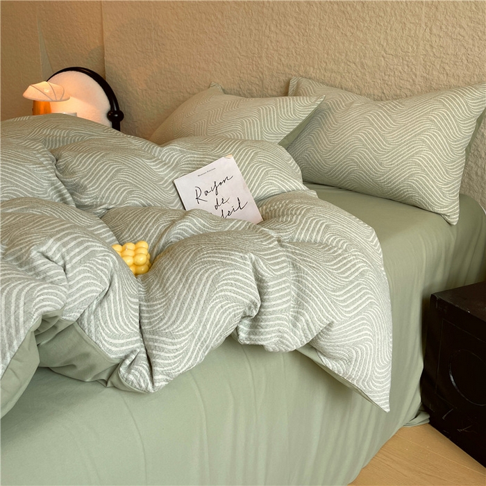 91家纺网 家纺一手货源 找家纺 琪格格纺织 2025新款全棉纯棉轻奢肌理感简约大提花加厚磨毛四件套 纳兰-柳绿