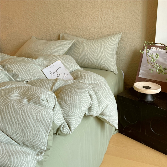 91家纺网 家纺一手货源 找家纺 琪格格纺织 2025新款全棉纯棉轻奢肌理感简约大提花加厚磨毛四件套 纳兰-柳绿