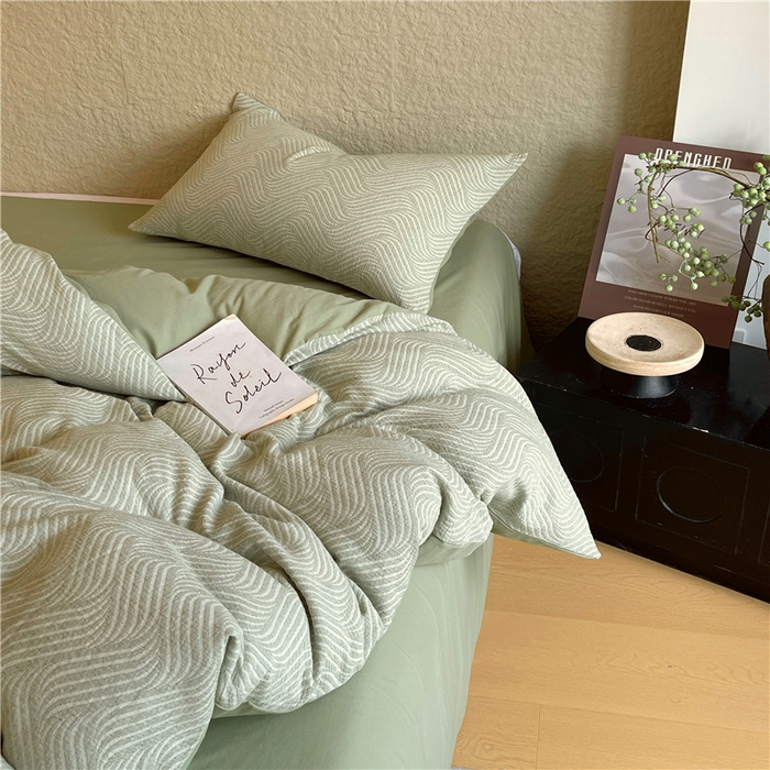 91家纺网 家纺一手货源 找家纺 琪格格纺织 2025新款全棉纯棉轻奢肌理感简约大提花加厚磨毛四件套 纳兰-柳绿