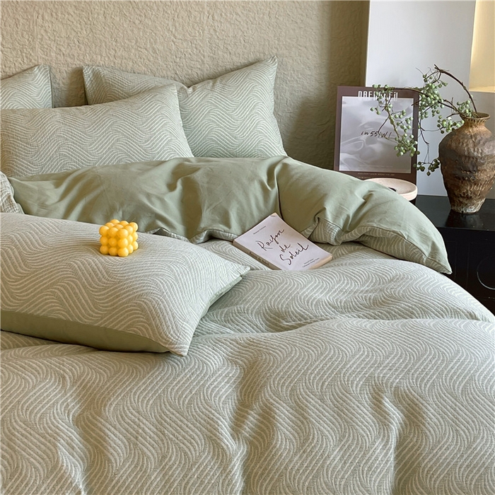 91家纺网 家纺一手货源 找家纺 琪格格纺织 2025新款全棉纯棉轻奢肌理感简约大提花加厚磨毛四件套 纳兰-柳绿