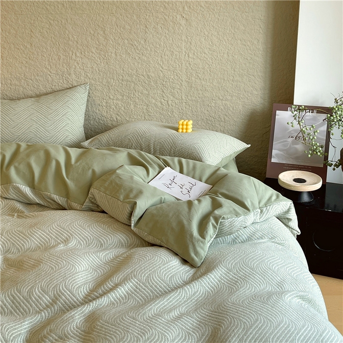 91家纺网 家纺一手货源 找家纺 琪格格纺织 2025新款全棉纯棉轻奢肌理感简约大提花加厚磨毛四件套 纳兰-柳绿