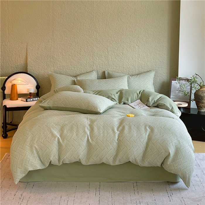 91家纺网 家纺一手货源 找家纺 琪格格纺织 2025新款全棉纯棉轻奢肌理感简约大提花加厚磨毛四件套 纳兰-柳绿