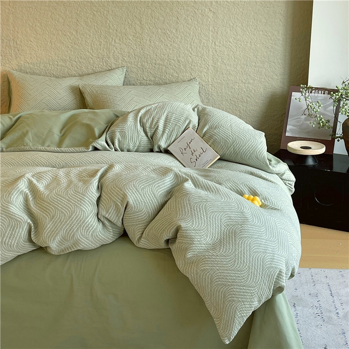 91家纺网 家纺一手货源 找家纺 琪格格纺织 2025新款全棉纯棉轻奢肌理感简约大提花加厚磨毛四件套 纳兰-柳绿