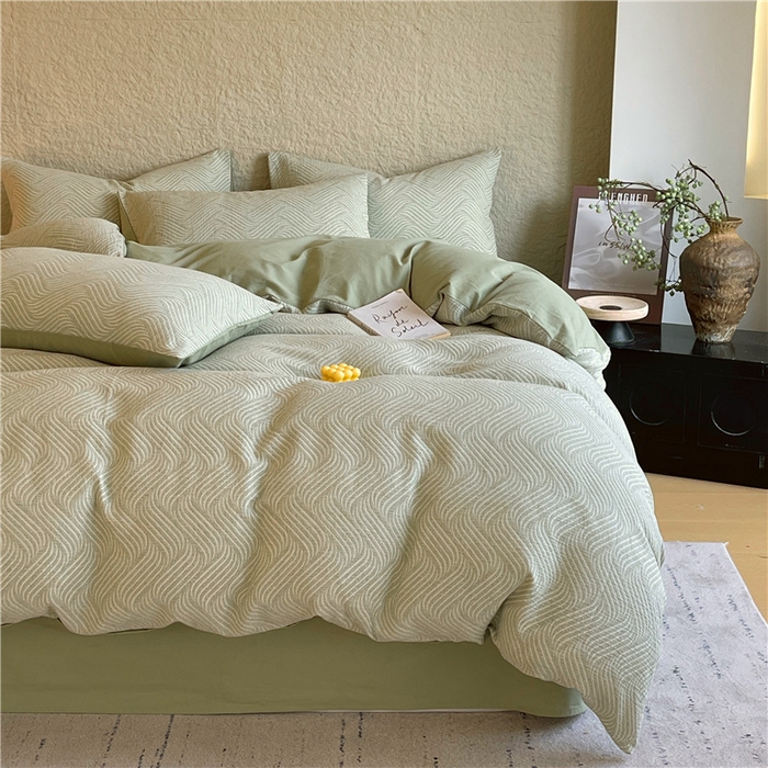 91家纺网 家纺一手货源 找家纺 琪格格纺织 2025新款全棉纯棉轻奢肌理感简约大提花加厚磨毛四件套 纳兰-柳绿