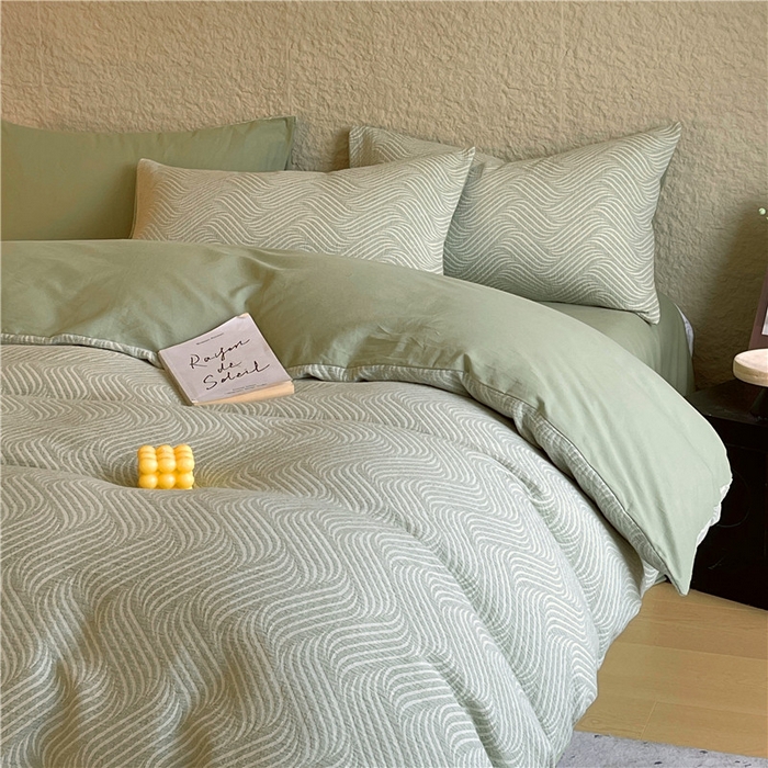 91家纺网 家纺一手货源 找家纺 琪格格纺织 2025新款全棉纯棉轻奢肌理感简约大提花加厚磨毛四件套 纳兰-柳绿