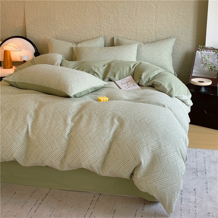 91家纺网 家纺一手货源 找家纺 琪格格纺织 2025新款全棉纯棉轻奢肌理感简约大提花加厚磨毛四件套 纳兰-柳绿