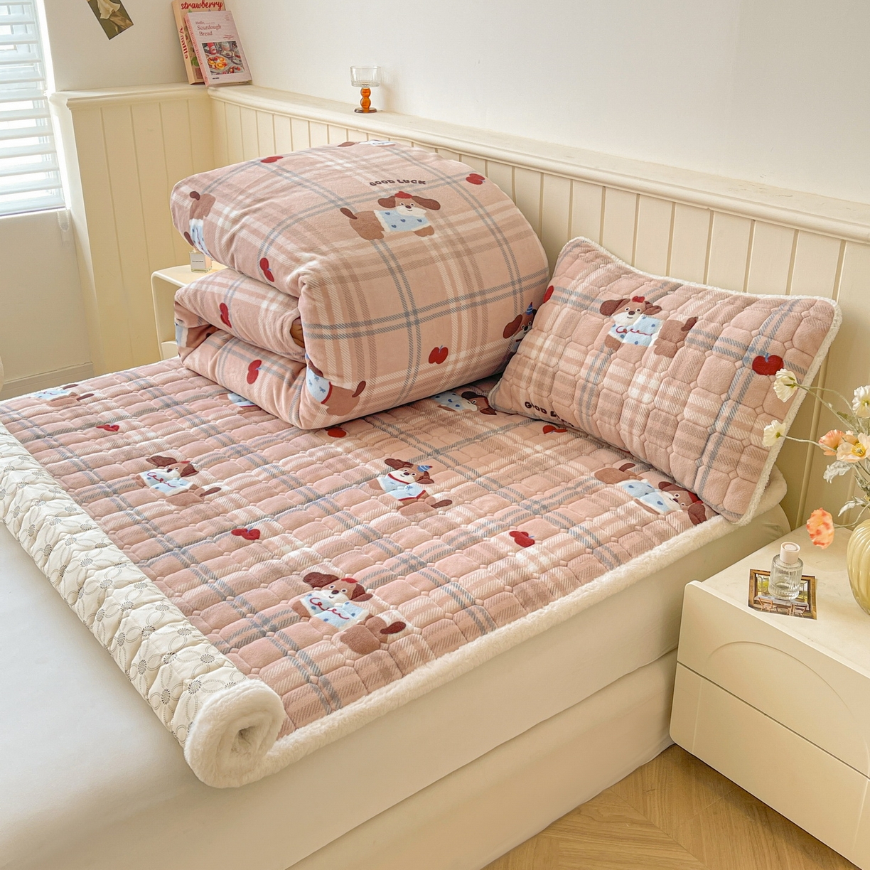 91家纺网 家纺一手货源 找家纺 LIFE.丽芙 2025秋冬新款A类牛奶绒加厚夹棉床褥垫+被套组合四件套 皮皮狗