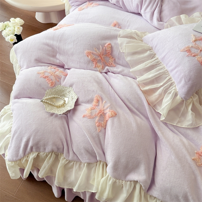 91家纺网 家纺一手货源 找家纺 富盛家纺 2025新款牛奶绒床裙款盘花刺绣四件套公主风 秋水伊人-紫
