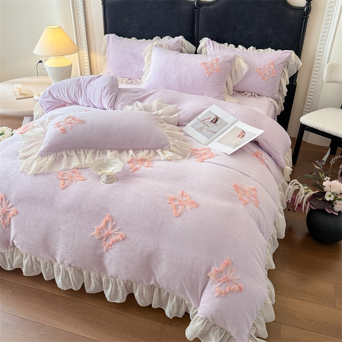 91家纺网 家纺一手货源 找家纺 富盛家纺 2025新款牛奶绒床裙款盘花刺绣四件套公主风 秋水伊人-紫