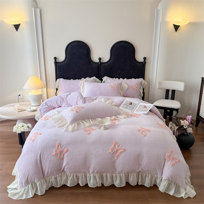 富盛家纺2025新款牛奶绒床裙款盘花刺绣四件套公主风 秋水伊人-紫