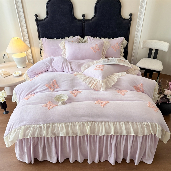 91家纺网 家纺一手货源 找家纺 富盛家纺 2025新款牛奶绒床裙款盘花刺绣四件套公主风 秋水伊人-紫