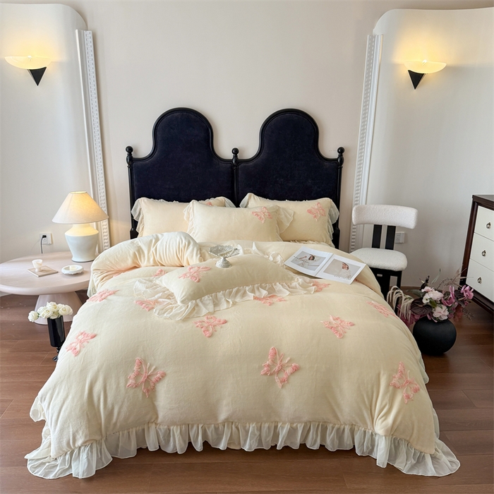 富盛家纺2025新款牛奶绒床裙款盘花刺绣四件套公主风 秋水伊人-黄