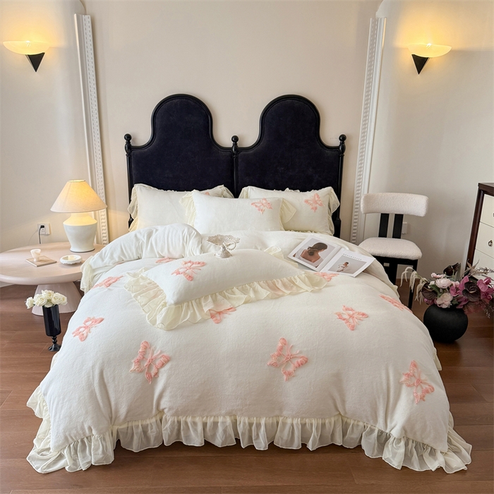 富盛家纺2025新款牛奶绒床裙款盘花刺绣四件套公主风 秋水伊人-白