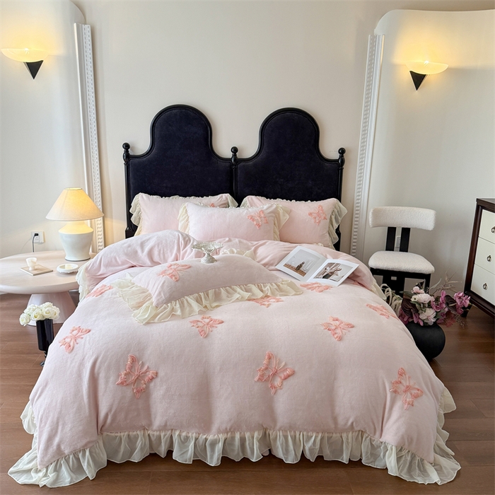 富盛家纺2025新款牛奶绒床裙款盘花刺绣四件套公主风 秋水伊人-粉