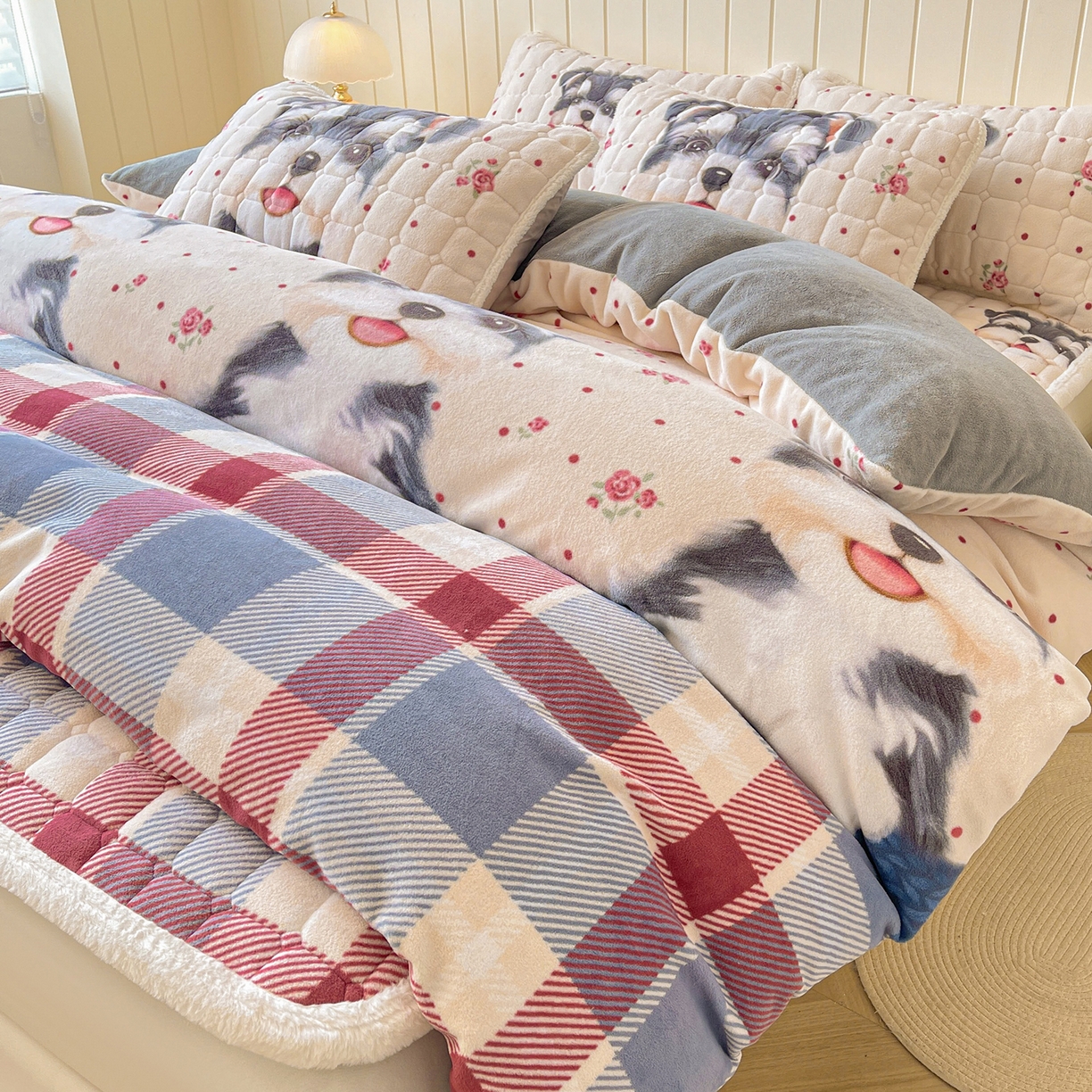 LIFE.丽芙 2025秋冬新款A类牛奶绒加厚夹棉床褥垫+被套组合四件套 修狗