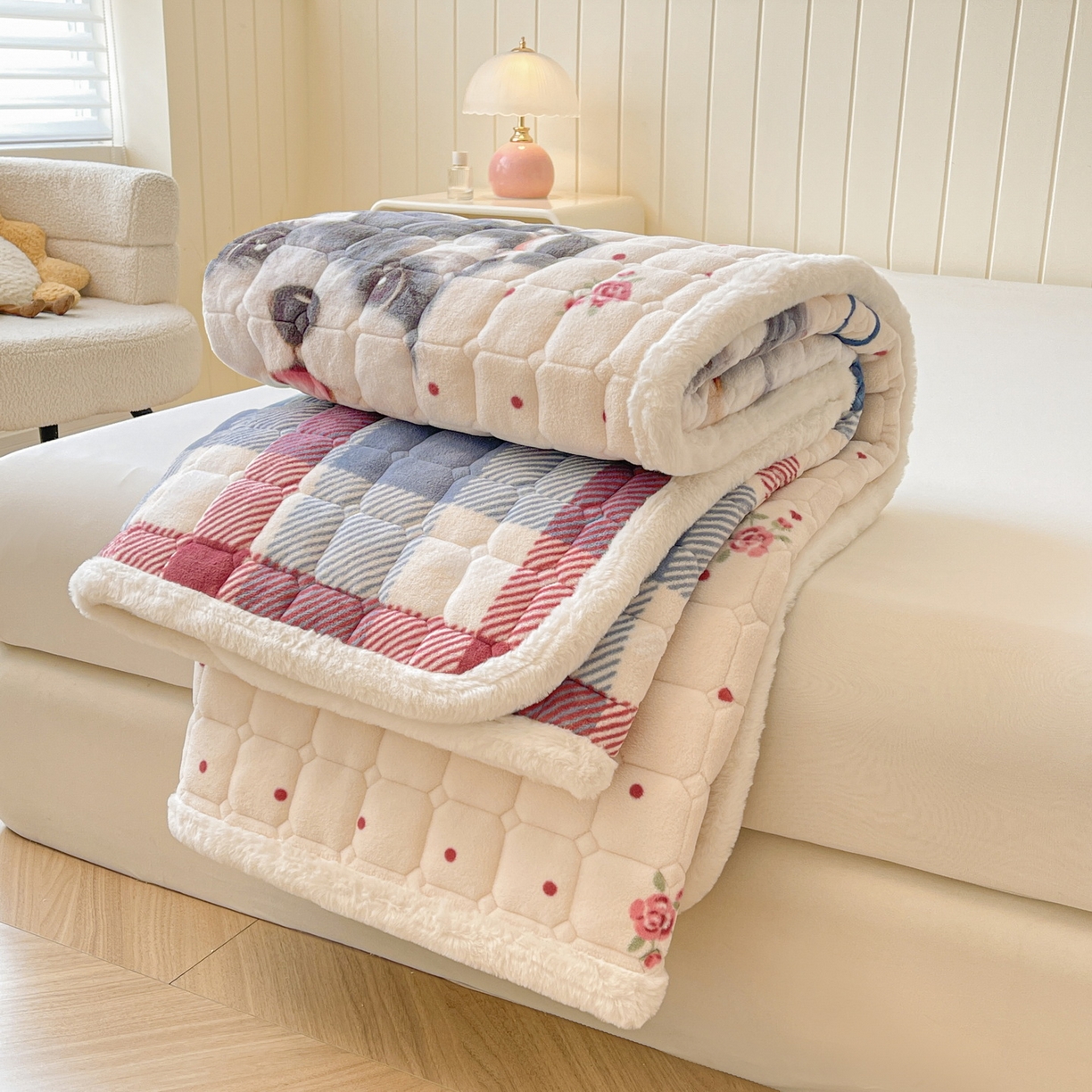 91家纺网 家纺一手货源 找家纺 LIFE.丽芙 2025秋冬新款A类牛奶绒加厚夹棉床褥垫+被套组合四件套 修狗