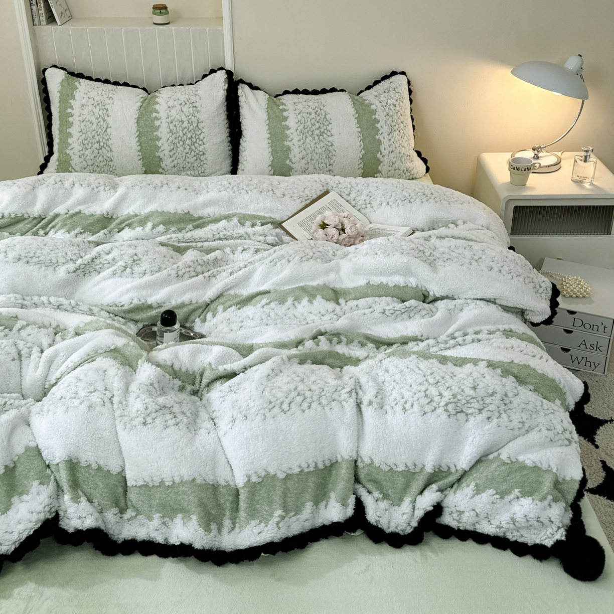 91家纺网 家纺一手货源 找家纺 潮邦创意家居 2025新款冬季阳离子提花云纹绒工艺四件套-绒眠小筑系列 绒眠小筑-香草绿