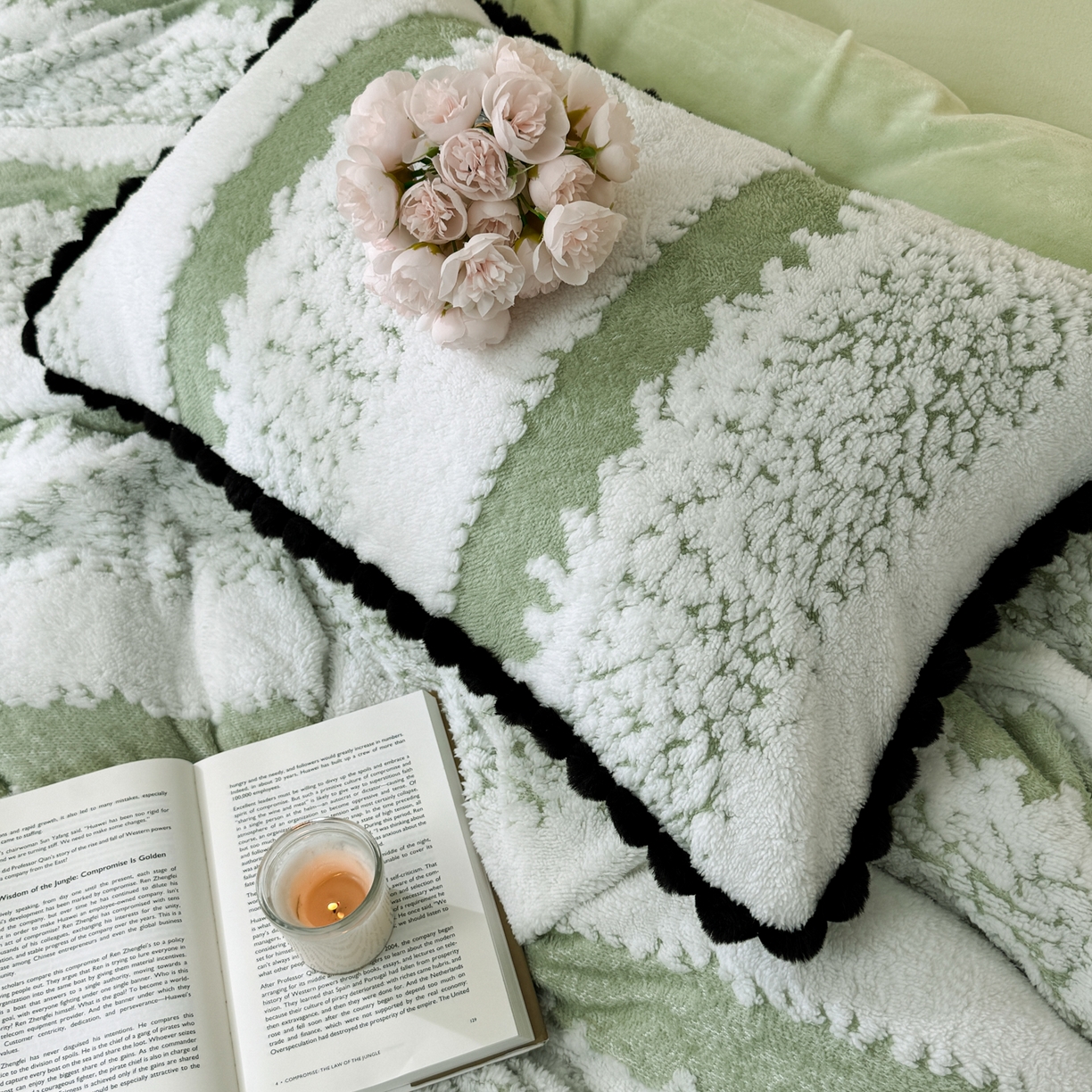 91家纺网 家纺一手货源 找家纺 潮邦创意家居 2025新款冬季阳离子提花云纹绒工艺四件套-绒眠小筑系列 绒眠小筑-香草绿