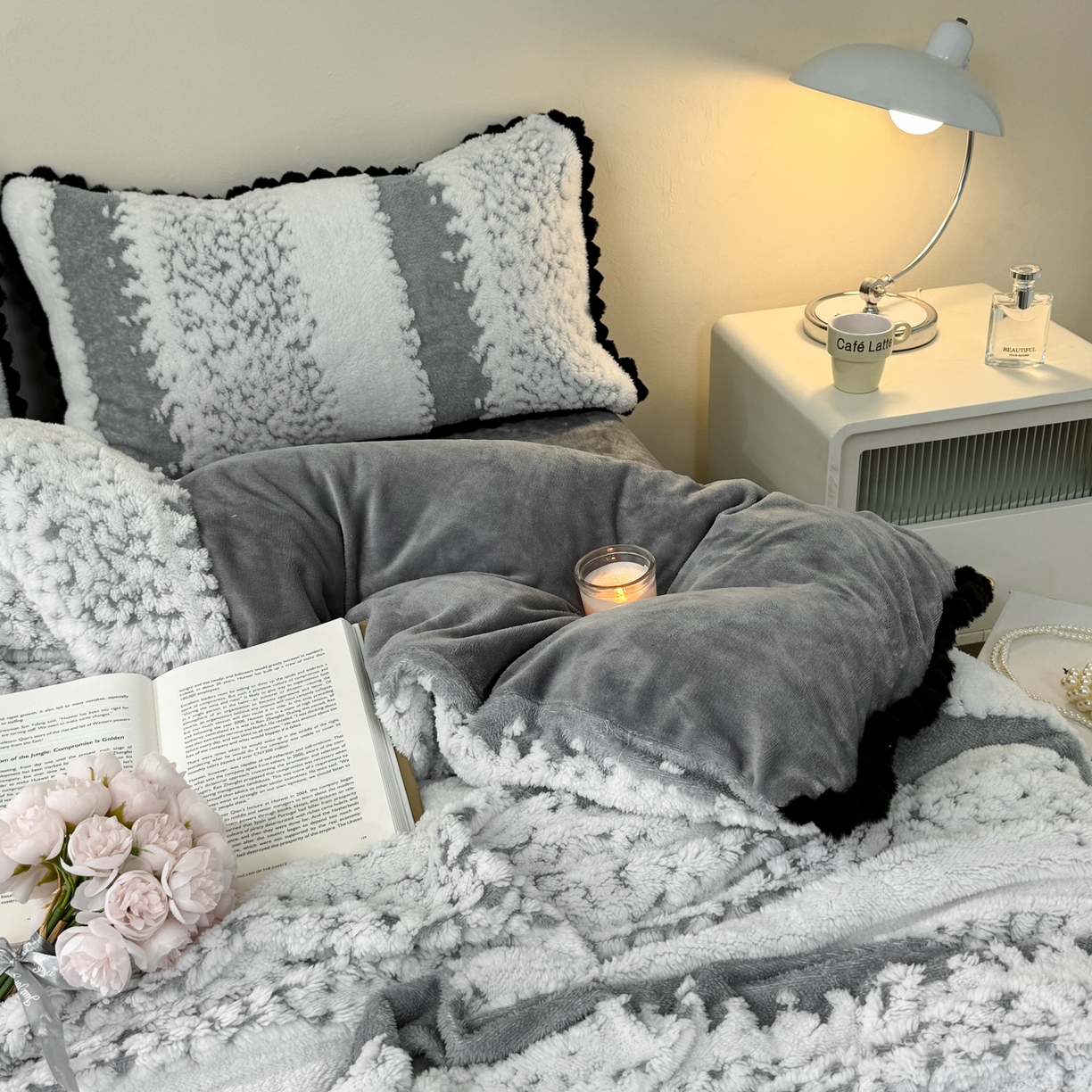 91家纺网 家纺一手货源 找家纺 潮邦创意家居 2025新款冬季阳离子提花云纹绒工艺四件套-绒眠小筑系列 绒眠小筑-星灰