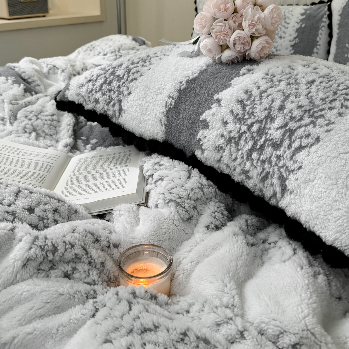 91家纺网 家纺一手货源 找家纺 潮邦创意家居 2025新款冬季阳离子提花云纹绒工艺四件套-绒眠小筑系列 绒眠小筑-星灰