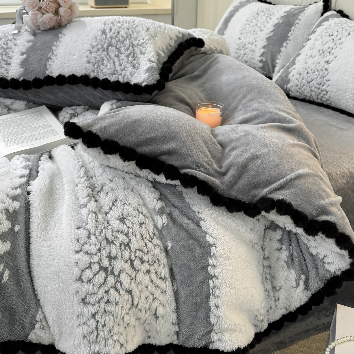 91家纺网 家纺一手货源 找家纺 潮邦创意家居 2025新款冬季阳离子提花云纹绒工艺四件套-绒眠小筑系列 绒眠小筑-星灰