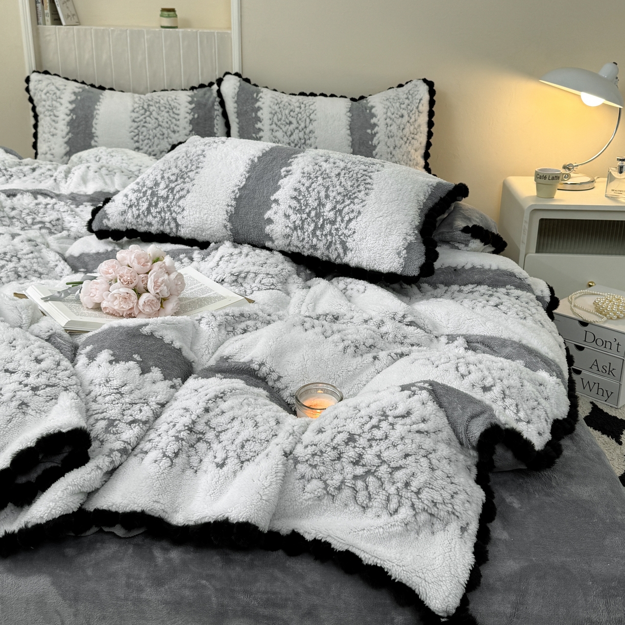 91家纺网 家纺一手货源 找家纺 潮邦创意家居 2025新款冬季阳离子提花云纹绒工艺四件套-绒眠小筑系列 绒眠小筑-星灰