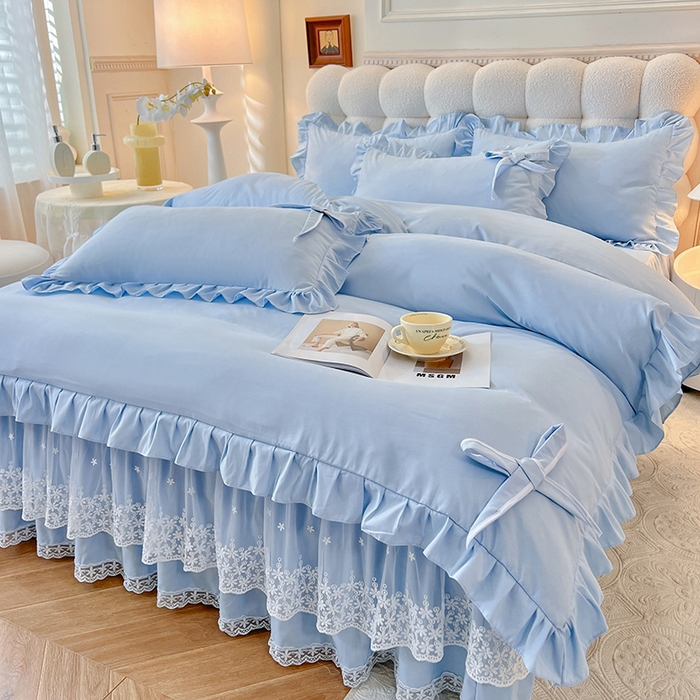 91家纺网 家纺一手货源 找家纺 （总）后庭寝室 2025新款亲肤舒适柔软亲肤花边蝴蝶结四件套-如愿