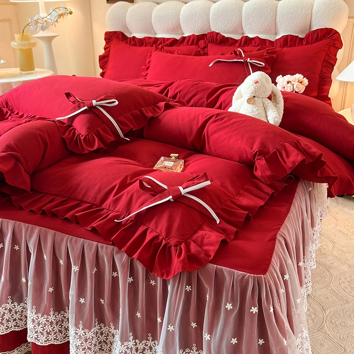 91家纺网 家纺一手货源 找家纺 （总）后庭寝室 2025新款亲肤舒适柔软亲肤花边蝴蝶结四件套-如愿