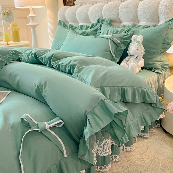 91家纺网 家纺一手货源 找家纺 后庭寝室 2025新款亲肤舒适柔软亲肤花边蝴蝶结四件套-如愿 如愿-绿色