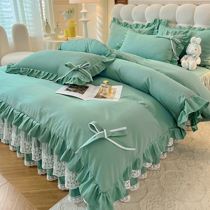 91家纺网 家纺一手货源 找家纺 后庭寝室 2025新款亲肤舒适柔软亲肤花边蝴蝶结四件套-如愿 如愿-绿色