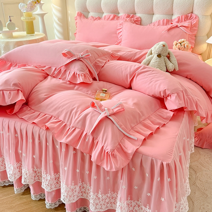 91家纺网 家纺一手货源 找家纺 （总）后庭寝室 2025新款亲肤舒适柔软亲肤花边蝴蝶结四件套-如愿