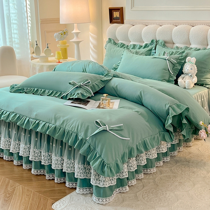 91家纺网 家纺一手货源 找家纺 后庭寝室 2025新款亲肤舒适柔软亲肤花边蝴蝶结四件套-如愿 如愿-绿色