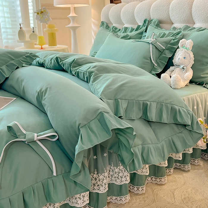 91家纺网 家纺一手货源 找家纺 后庭寝室 2025新款亲肤舒适柔软亲肤花边蝴蝶结四件套-如愿 如愿-绿色