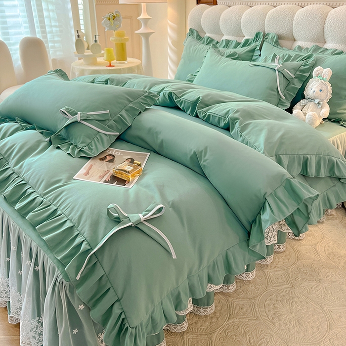 91家纺网 家纺一手货源 找家纺 后庭寝室 2025新款亲肤舒适柔软亲肤花边蝴蝶结四件套-如愿 如愿-绿色