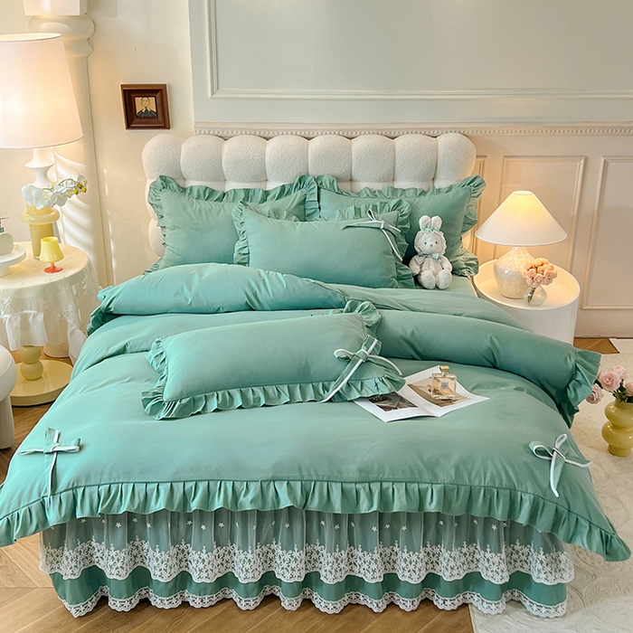 91家纺网 家纺一手货源 找家纺 后庭寝室 2025新款亲肤舒适柔软亲肤花边蝴蝶结四件套-如愿 如愿-绿色