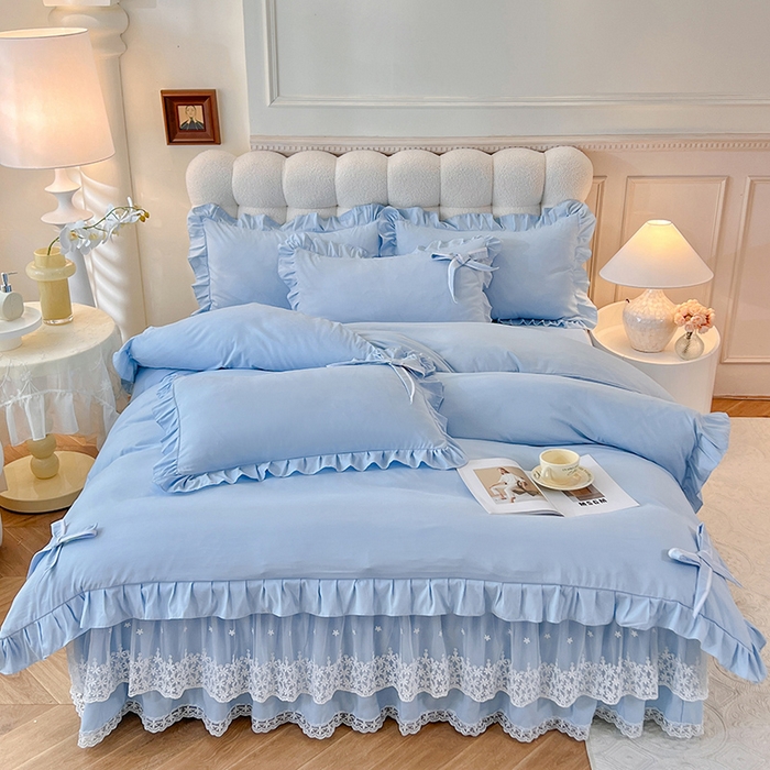 91家纺网 家纺一手货源 找家纺 （总）后庭寝室 2025新款亲肤舒适柔软亲肤花边蝴蝶结四件套-如愿