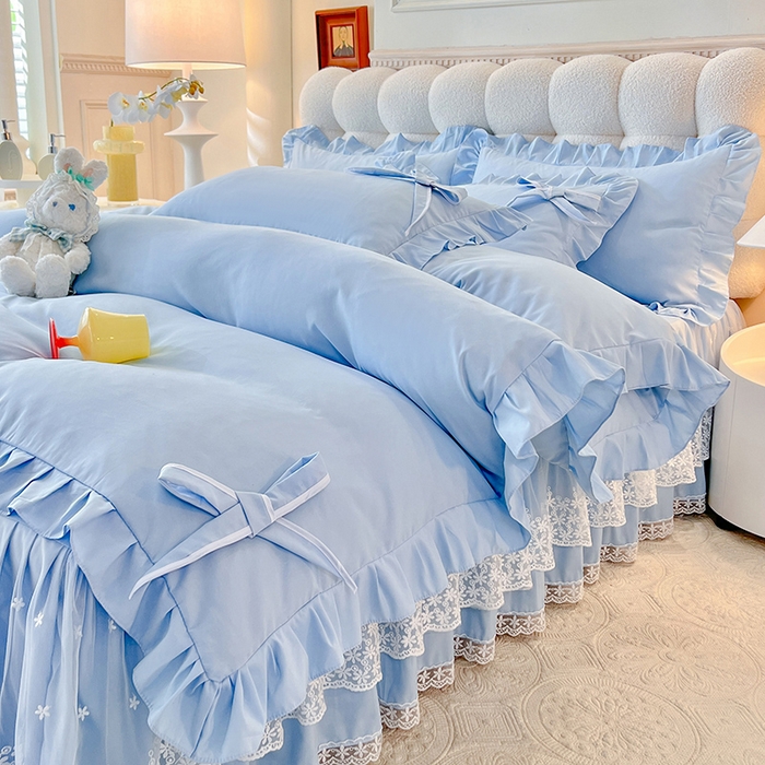 91家纺网 家纺一手货源 找家纺 （总）后庭寝室 2025新款亲肤舒适柔软亲肤花边蝴蝶结四件套-如愿