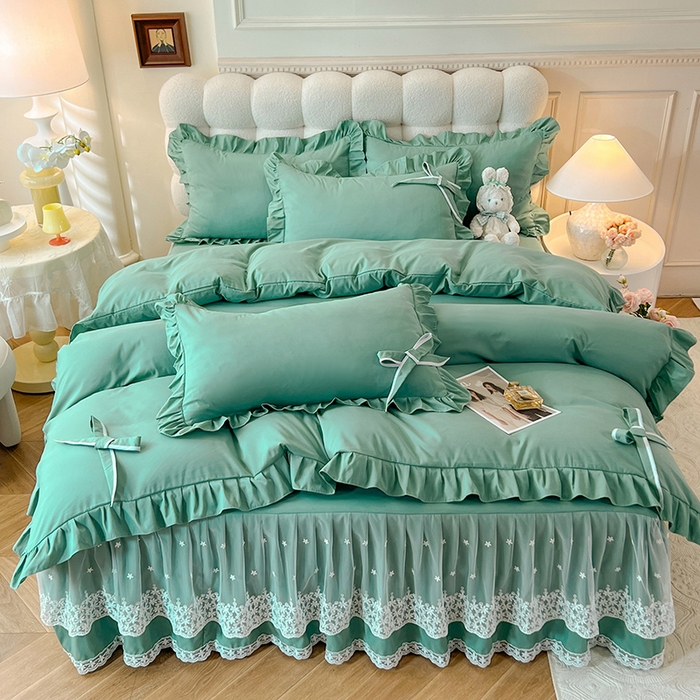 91家纺网 家纺一手货源 找家纺 后庭寝室 2025新款亲肤舒适柔软亲肤花边蝴蝶结四件套-如愿 如愿-绿色