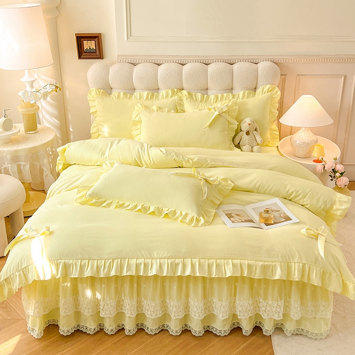 91家纺网 家纺一手货源 找家纺 后庭寝室 2025新款亲肤舒适柔软亲肤花边蝴蝶结四件套-如愿 如愿-米黄