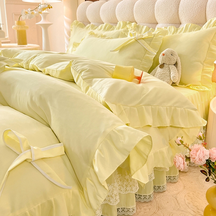 91家纺网 家纺一手货源 找家纺 后庭寝室 2025新款亲肤舒适柔软亲肤花边蝴蝶结四件套-如愿 如愿-米黄