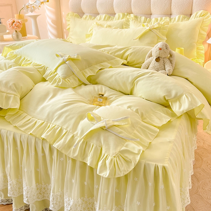 后庭寝室 2025新款亲肤舒适柔软亲肤花边蝴蝶结四件套-如愿 如愿-米黄