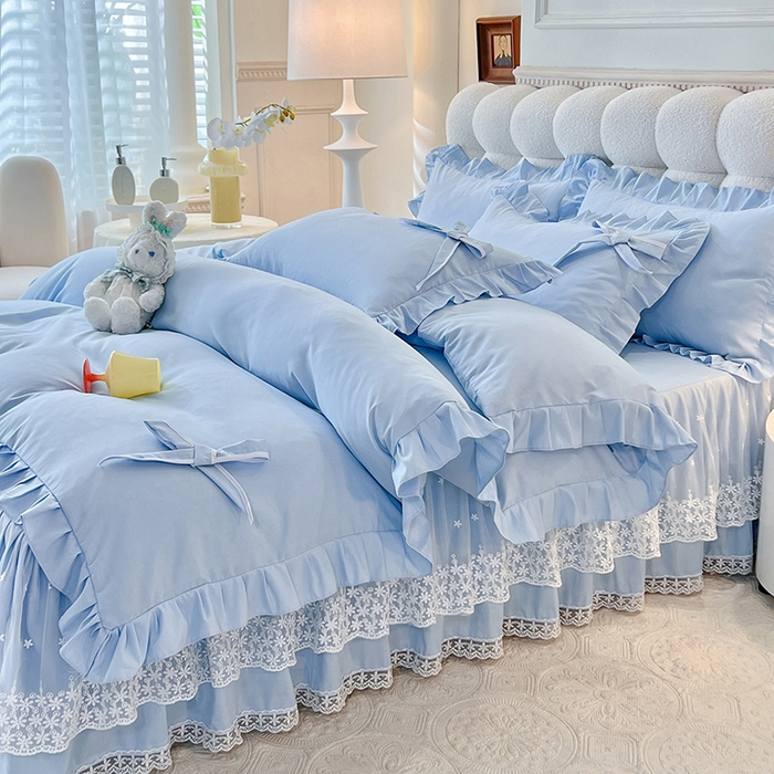 91家纺网 家纺一手货源 找家纺 （总）后庭寝室 2025新款亲肤舒适柔软亲肤花边蝴蝶结四件套-如愿