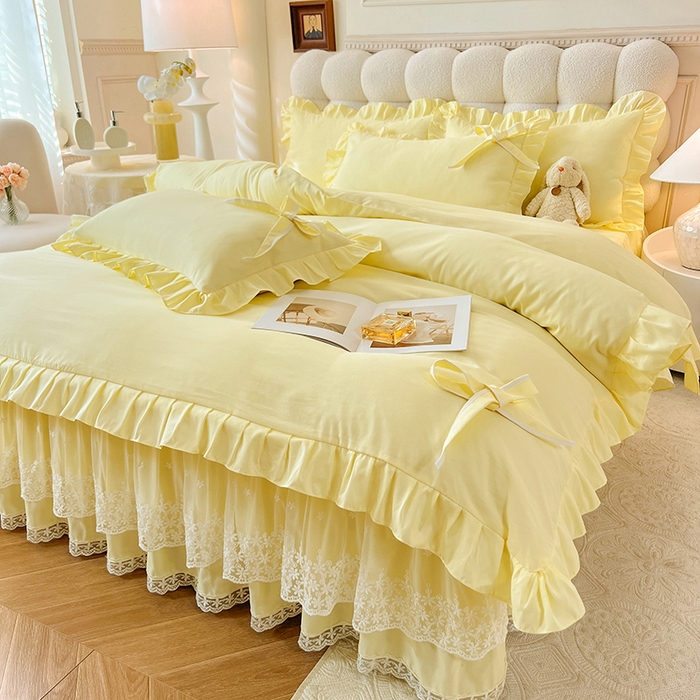 91家纺网 家纺一手货源 找家纺 后庭寝室 2025新款亲肤舒适柔软亲肤花边蝴蝶结四件套-如愿 如愿-米黄