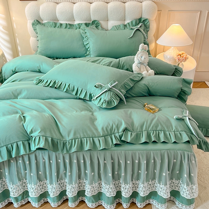 91家纺网 家纺一手货源 找家纺 后庭寝室 2025新款亲肤舒适柔软亲肤花边蝴蝶结四件套-如愿 如愿-绿色