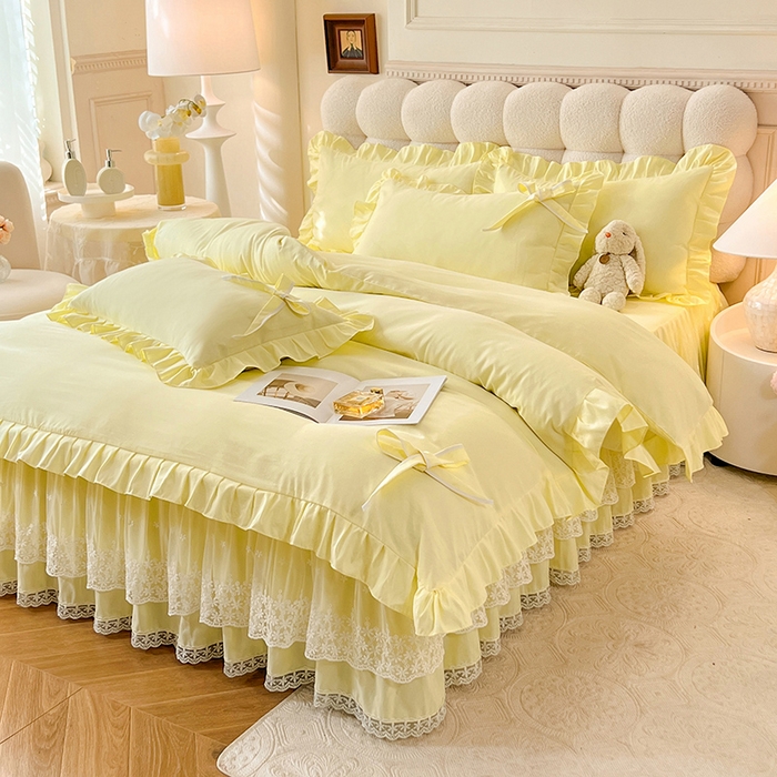 91家纺网 家纺一手货源 找家纺 后庭寝室 2025新款亲肤舒适柔软亲肤花边蝴蝶结四件套-如愿 如愿-米黄