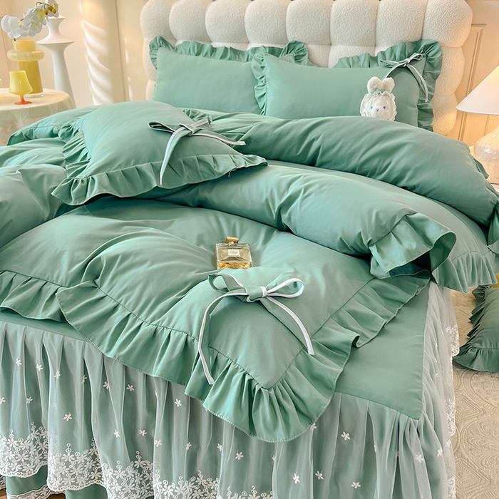后庭寝室 2025新款亲肤舒适柔软亲肤花边蝴蝶结四件套-如愿 如愿-绿色