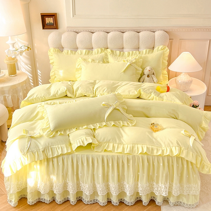 91家纺网 家纺一手货源 找家纺 后庭寝室 2025新款亲肤舒适柔软亲肤花边蝴蝶结四件套-如愿 如愿-米黄